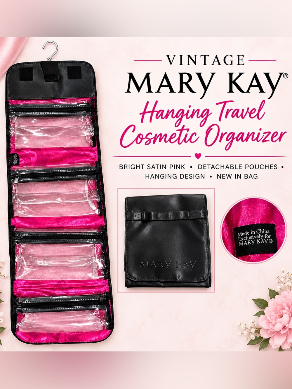 Mary Kay Vintage Hanging Travel Cosmetic Roll Up Bag Pink Satin Organizer Retro